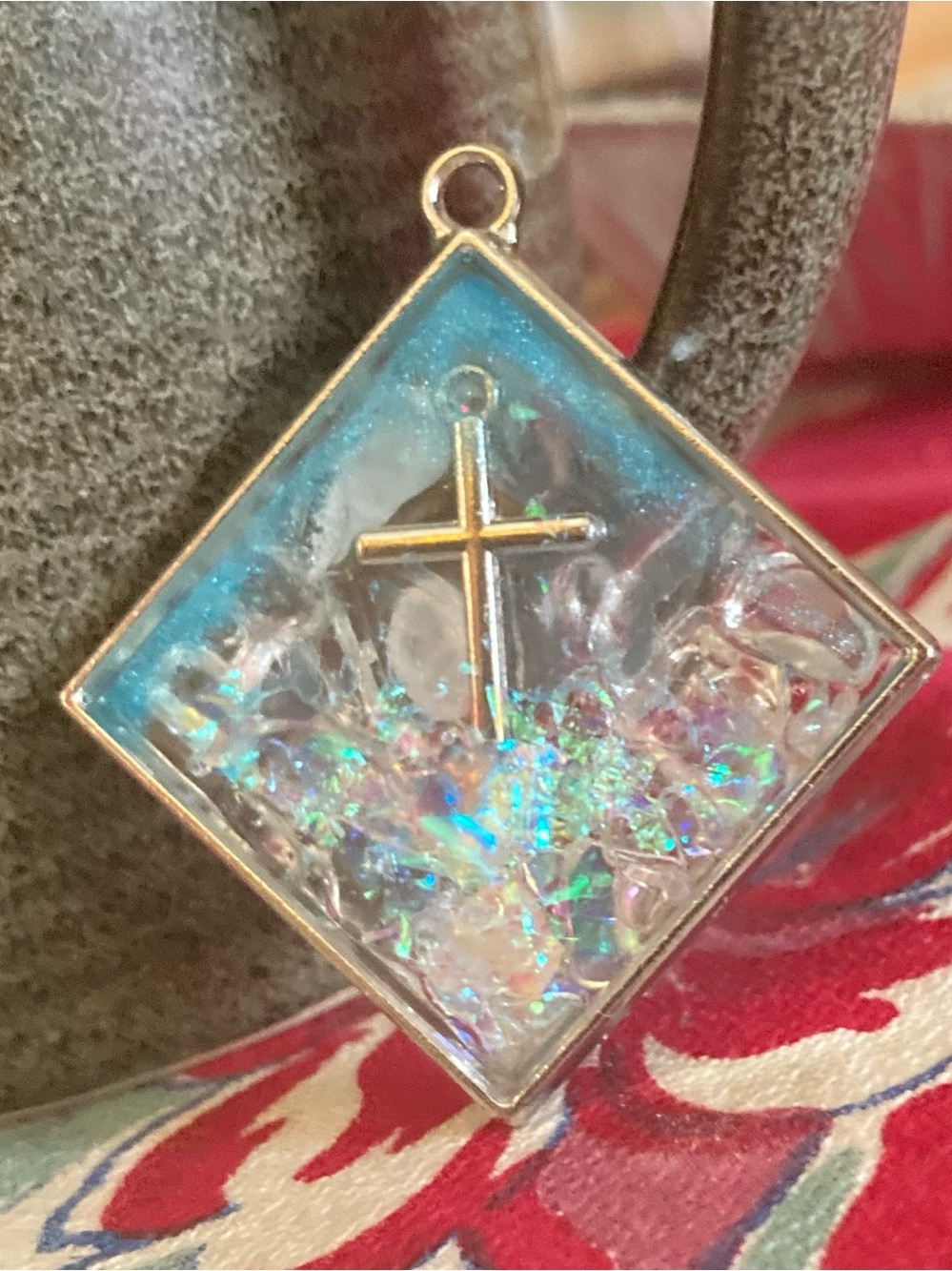 Gold Cross Iridescent Resin Pendant